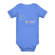 Blue baby onesie with a colorful scientific equation design on a white background