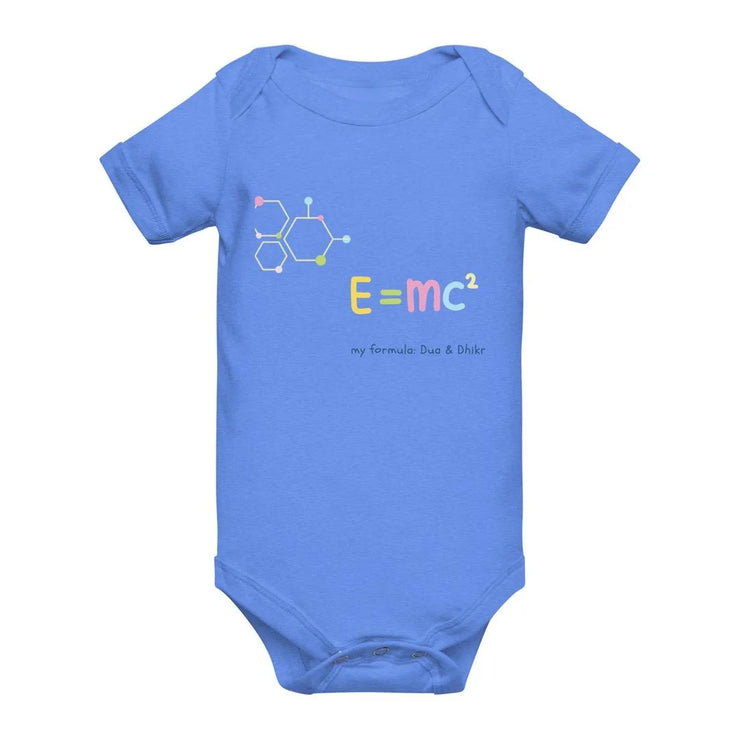 Blue baby onesie with a colorful scientific equation design on a white background